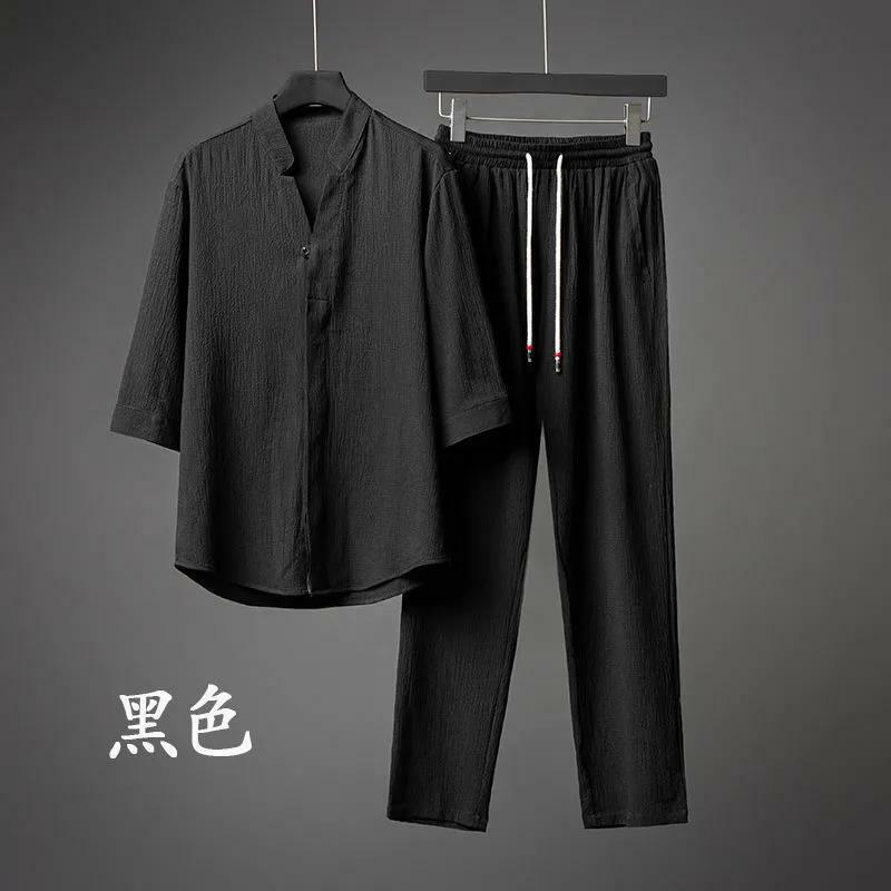 2024 Summer New Style Men Fashion Casual Solid Color T-shirt Suit Mens Two-piece Set 5xl