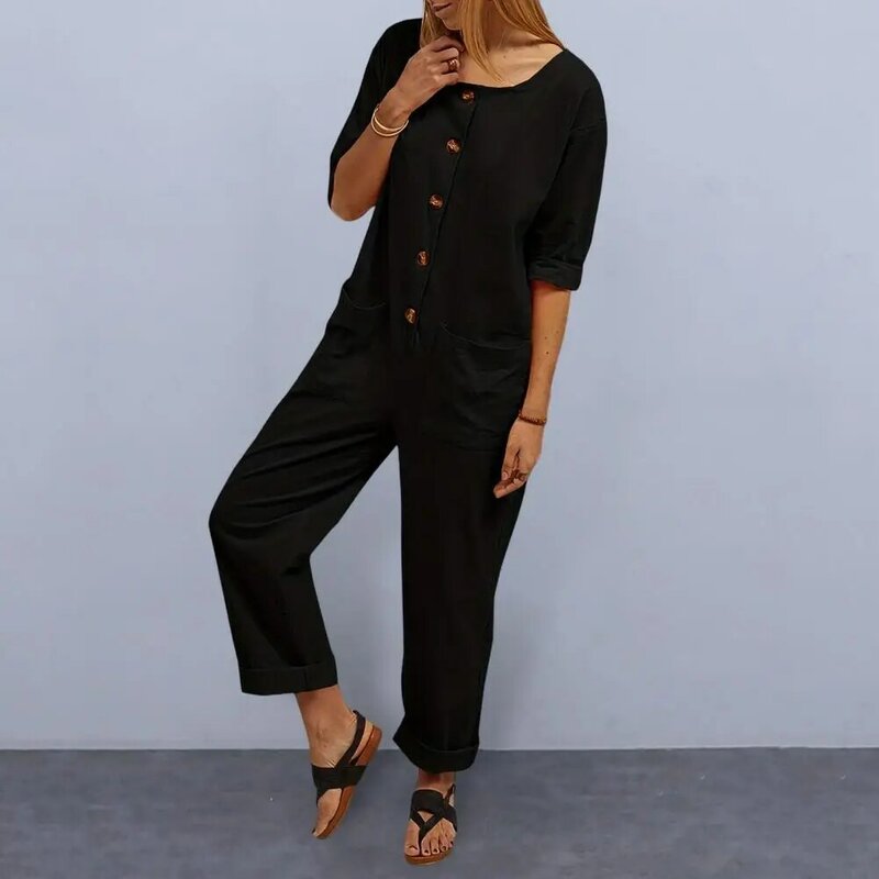 Women One-piece Outfit Stylish Summer Women's Jumpsuit with Mid Sleeves Single-breasted Crew Neck Patch Pocket Casual Daily Wear