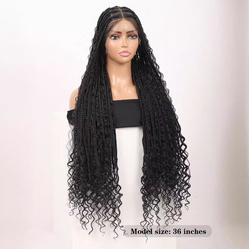 Wig kepang Afro berenda hitam panjang rambut kepang 36 "hitam renda dikepang kotak tanpa simpul Wig Jalin renda sintetis Wig depan