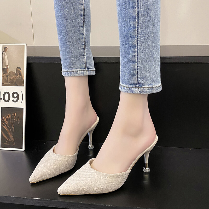 Baotou-Zapatillas de tacón alto para mujer, zapatos modernos de tacón fino y punta estrecha, novedad de verano 2024