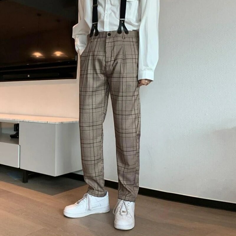 Streetwear กางเกงขายาวลายสก็อตผู้ชาย Joggers Stragiht กางเกงเกาหลี Hip Hop โดยรวมกางเกงหลวม Vintage กางเกงแนวโน้มแฟชั่น Harajuku
