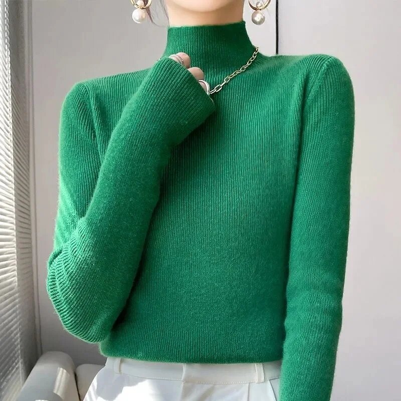 Suéter de punto grueso para mujer, jersey de cuello alto, camisa de fondo, manga larga, suave y cálido, moda coreana, Otoño e Invierno