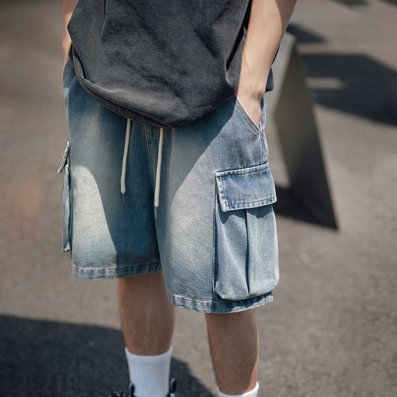 TFETTERS merek 2024 musim panas baru celana pendek kargo pria dicuci saku besar celana Denim longgar untuk pria Jepang luar ruangan pakaian pria