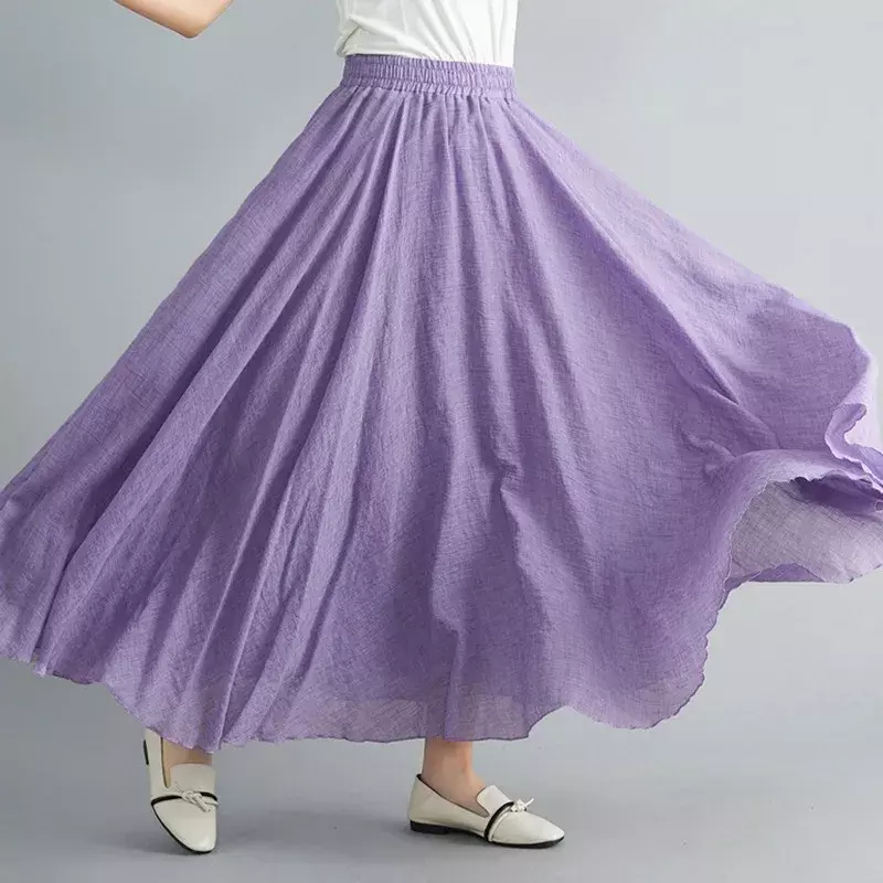 Maxi saia de linho feminina casual para praia boho maxi vintage plissada, longa de algodão Império A-Line, 14 cores, 2024