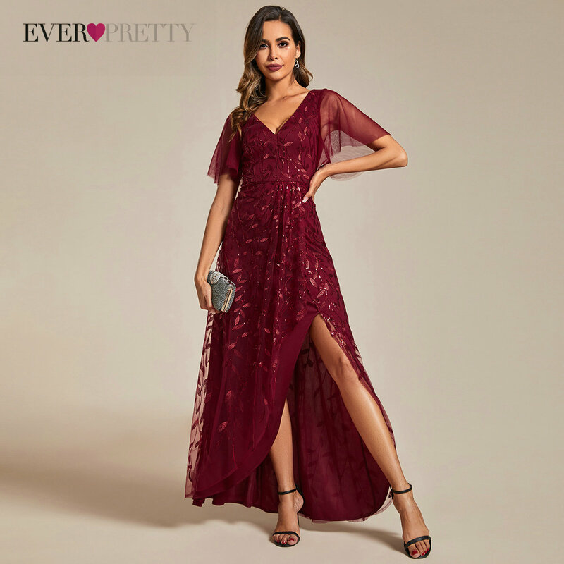 Ever Pretty Sequin Evening Dresses Luxury A Line V Neck Short Sleeve High Low Formal Occasion Dresses Party Gown платье женское