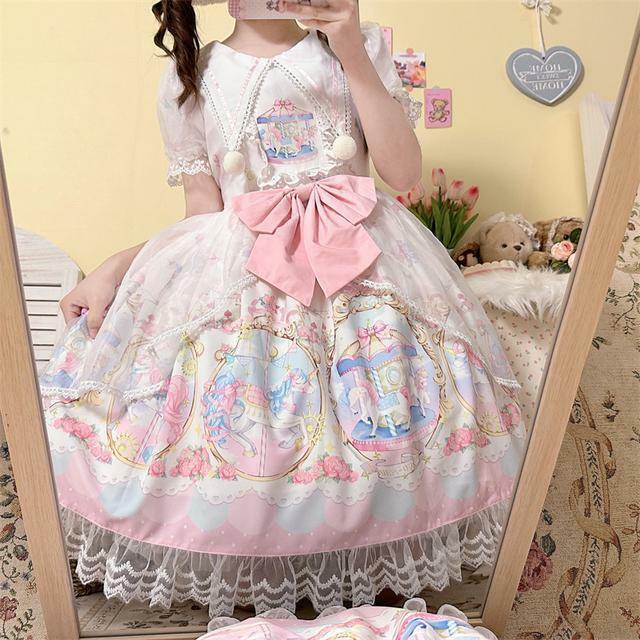 Japanese Sweet Lolita OP Dress Summer Girls Cute Lace Bow Cartoon Print Tea Party Dresses Women Lovely Kawaii Chic Vestidos