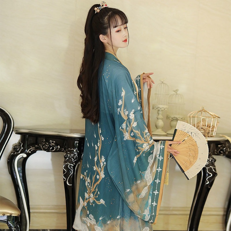 Wei Jin-traje antigo para mulher, traje antigo, roupa tradicional chinesa, vermelho e verde, estampa floral, hanfu, outono