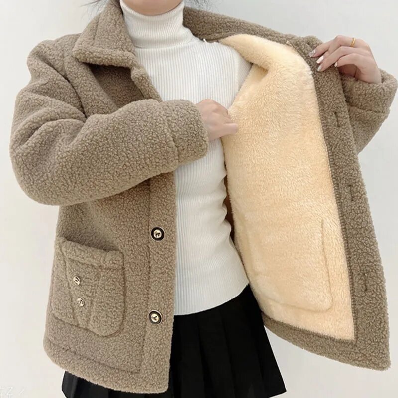 중년 여성용 양모 모조 모피 오버 코트, 두껍고 따뜻한 벨벳 코트, 대형 사이즈 5XL, 2022