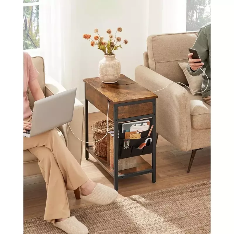 Журнальный столик с USB-портом и розеткой, тканевый мешок, для гостиной, спальни, деревенский коричневый и черный
