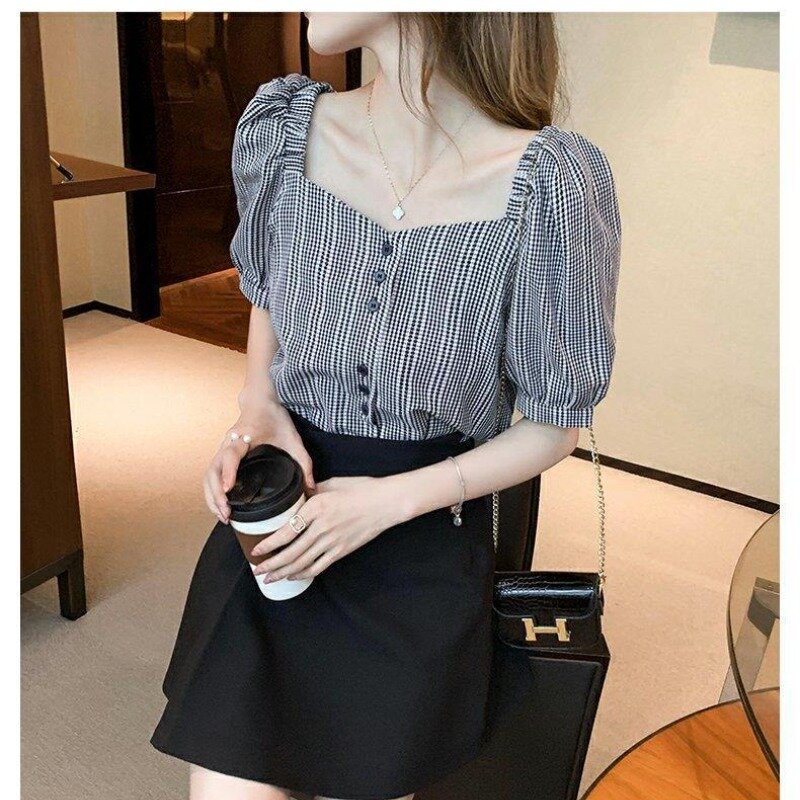 Women's Solid Color Summer New Fashion Commuter Blouses Square Collar Ruched Short Sleeve Single-breasted Plaid Printed Shirts