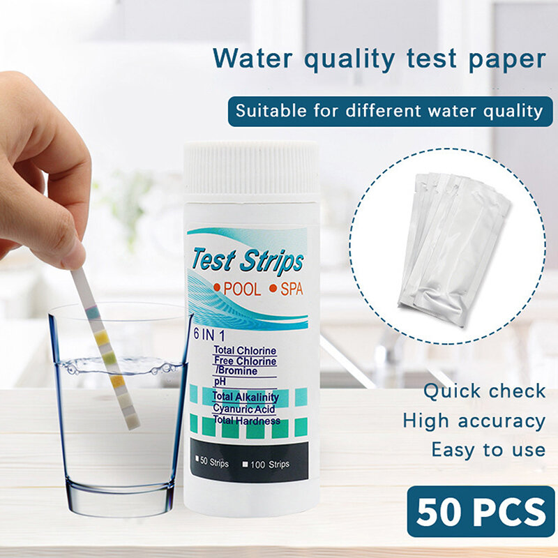 50PCS 6 In 1 Swimming Pool PH Test Paper Multipurpose Residual Chlorine PH Bromine Test Strips Swimming Pool Water Tester Paper