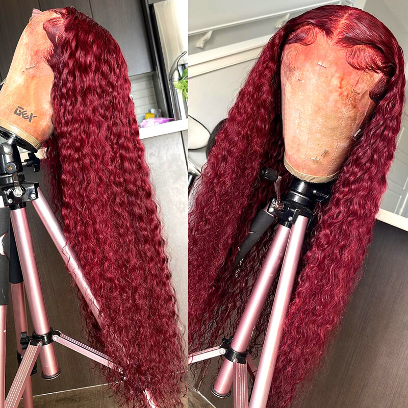 13x4 Deep Wave Frontal Wig 13x6 HD Lace Frontal Human Hair Wigs Colored 30 34 Inch Red Burgundy Curly Lace Front Human Hair Wigs