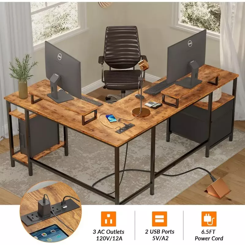 Bureau de jeu en forme de L avec prise de courant, table pour ordinateur portable, meubles de jeu, bureau 66 amaran, support pour ordinateur, bureaux de chambre