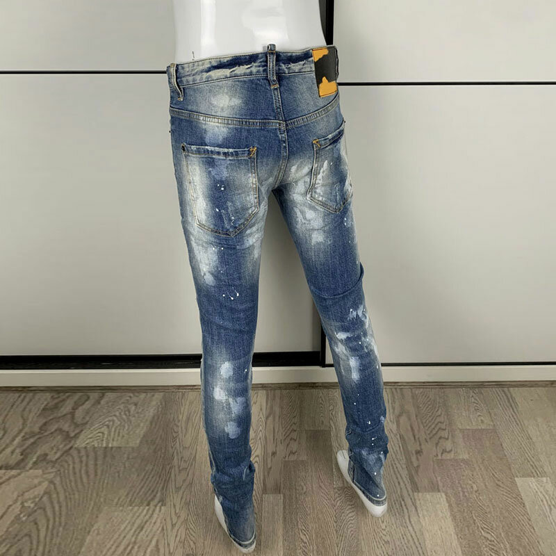 Street Fashion Men Jeans Retro Washed Blue Stretch Slim Fit Patched Ripped Jeans Men Painted Designer Hip Hop Brand Pants Hombre