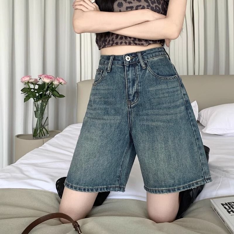 Shorts retrô feminino lavado reto de cintura alta, streetwear solto de verão, lazer simples com tudo, estilo coreano, monocromático, na moda