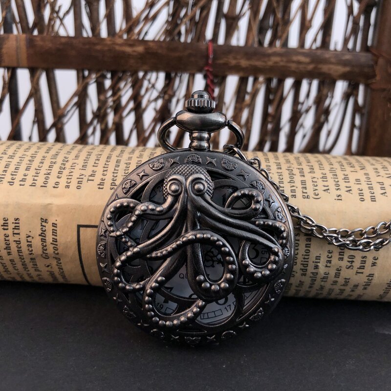 Exquisito pulpo artístico tallado hueco de cuarzo reloj de bolsillo COLLAR COLGANTE regalos para mujer o hombre con cadena Fob