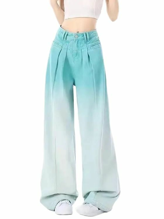 Calças jeans gradiente de cintura alta feminina, calça jeans azul, streetwear vintage, moda Harajuku, lavagem retrô, outono, inverno, Y2K, 2024