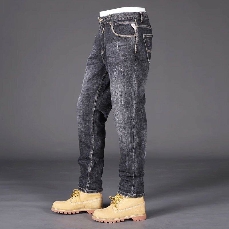 Jeans jeans retrô rasgado masculino, estilo italiano, vintage, calça casual, stretch, slim fit, retrô, preto, cinza, moda recém-estilista
