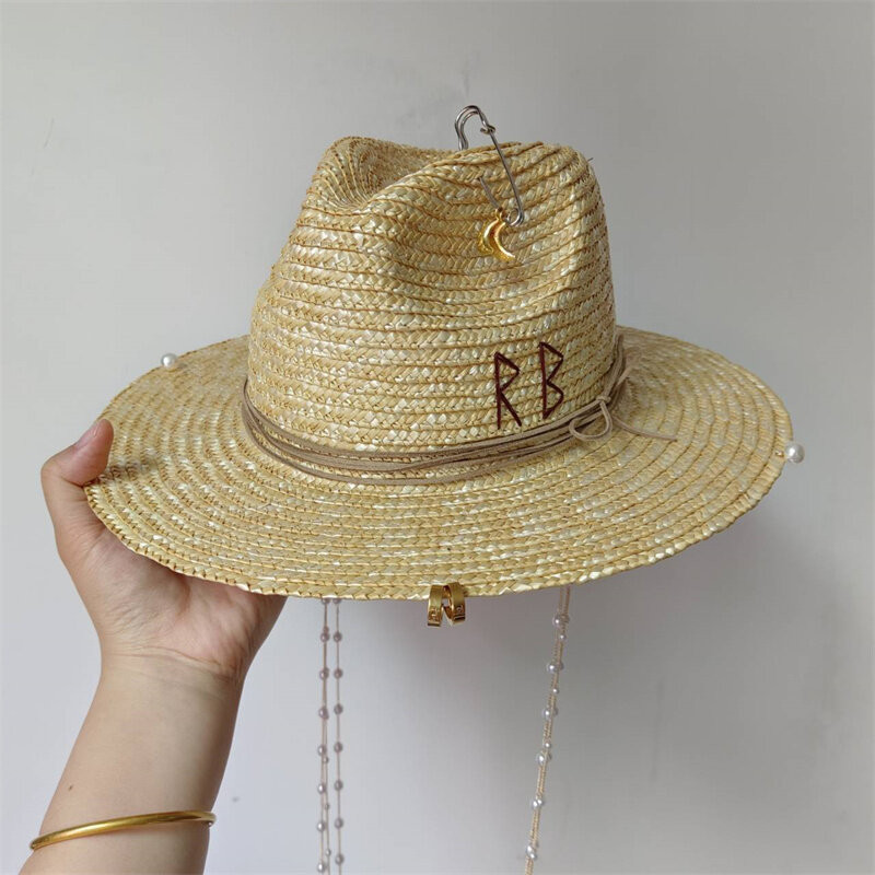 Пляжная шляпа в стиле панк с жемчужной цепочкой «сделай сам», вогнутая корона, Солнцезащитная шляпа, Новая корейская шляпа с буквами, пляжная шляпа для мужчин и женщин, ярких цветов
