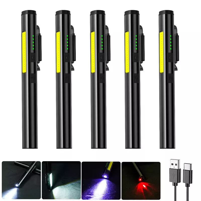 Mini lampe de poche UV aste USB, 4 en 1, UV, LED, COB, multifonctionnelle, 4 sources lumineuses, pince à stylo avec indicateur