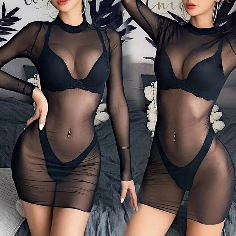 Sexy Damen transparentes Netz durch langärmlige Tops Clubwear Kleid ultra dünne eng anliegende transparente Party sinnliche Nachtwäsche