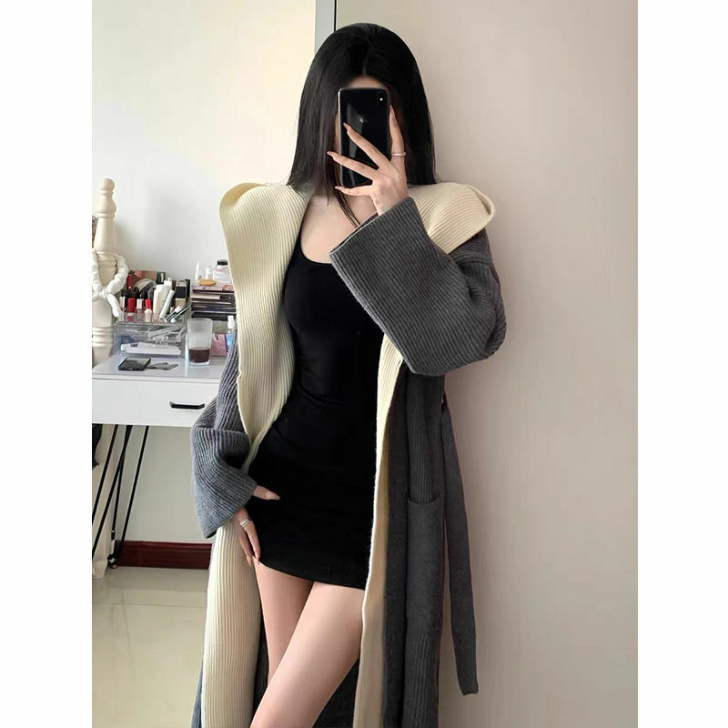 2023 neue koreanische Design Kapuze Quaste Strickjacke gefälschte zwei Frauen Herbst Winter lange lose Pullover Strickjacke Mantel Dame Outwear