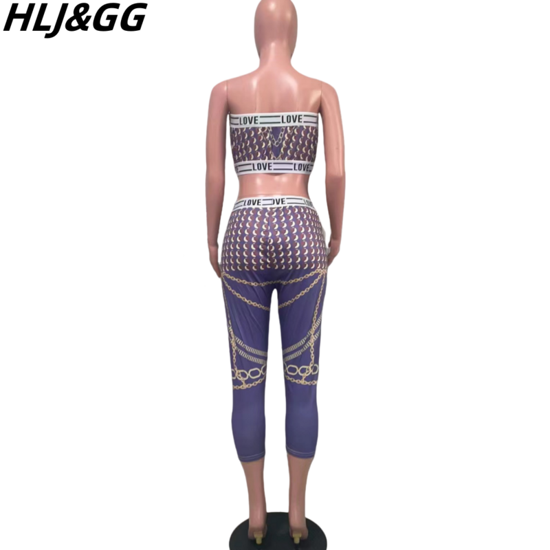 HLJ&GG Fashion Retro Patterns Print Two Piece Sets Women Off Shoulder Sleeveless Backless Tube + Skinny Pants Outfits Streetwear