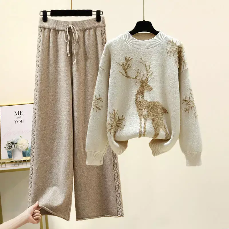 Set aus zwei Modestücken für Langarm druck Pullover All-Match-Hose mit hoher Taille und weitem Bein für Frauen