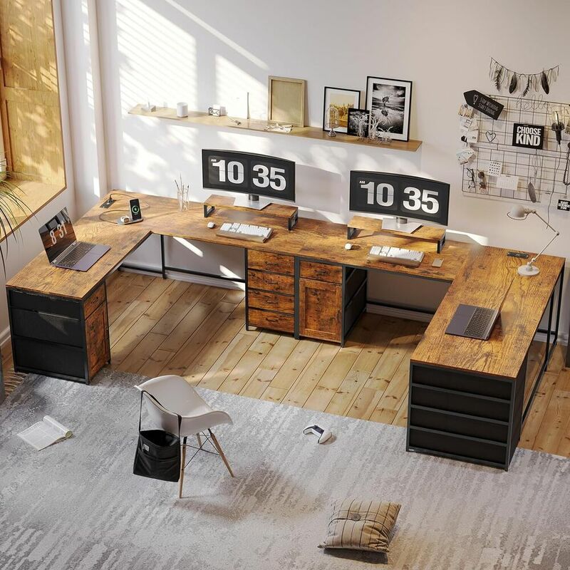 Meja berbentuk L, 63 "meja komputer dengan 5 Laci & stop kontak listrik untuk rumah kantor