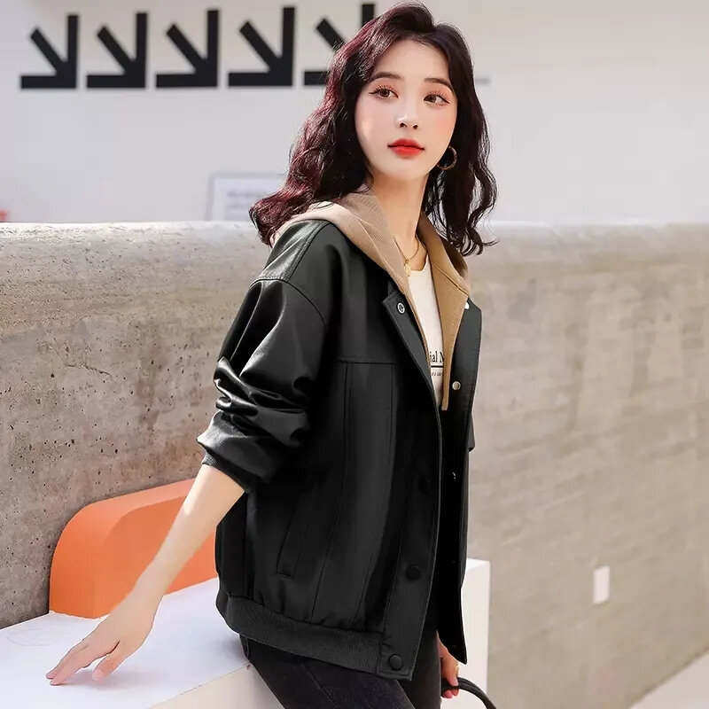 Women's Temperament Korean Solid Color Leather Jacket Spring Female New Loose Casual Baseball Uniform PU Leather Jacket Cardigan