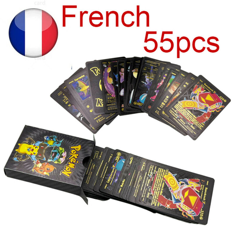 Французская Покемон-карта 55 штук Покемон золотые карты золотые буквы французские карты Металл Charizard Vmax Gx Series коробка для карточных игр