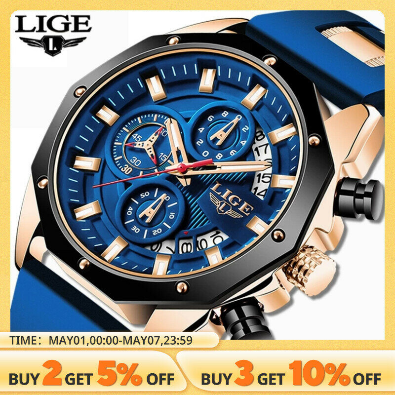 LIGE-Montre de sport en silicone pour homme, marque de luxe, à quartz, étanche, chronographe