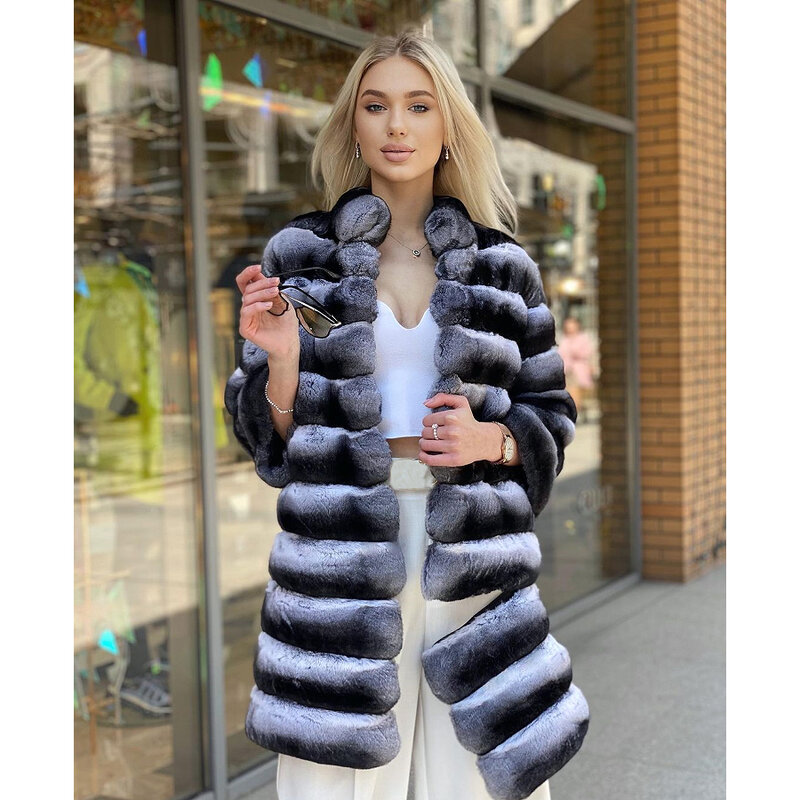 Mantel bulu asli untuk wanita mantel bulu chincilla asli mantel bulu kelinci Rex pakaian luar musim dingin hangat panjang penjualan terbaik