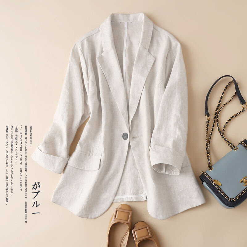Cotton and Linen Small Suit Women Blazer 2022 Summer New Korean Fashion Thin Coat Three-quarter Sleeve Casual Blazers Jacket