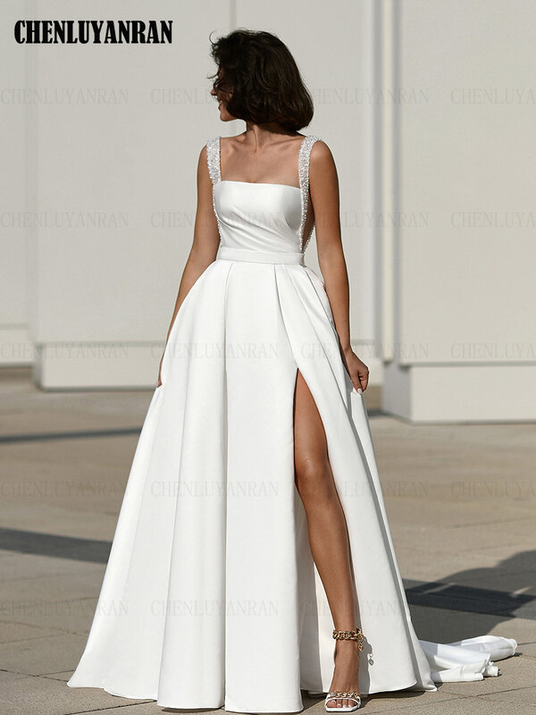 Satin Elegant Wedding Dresses For Women Beading A-line Long Wedding Gowns Slit Sexy Dresses For Wome 2024  فستان حفلات الزفاف