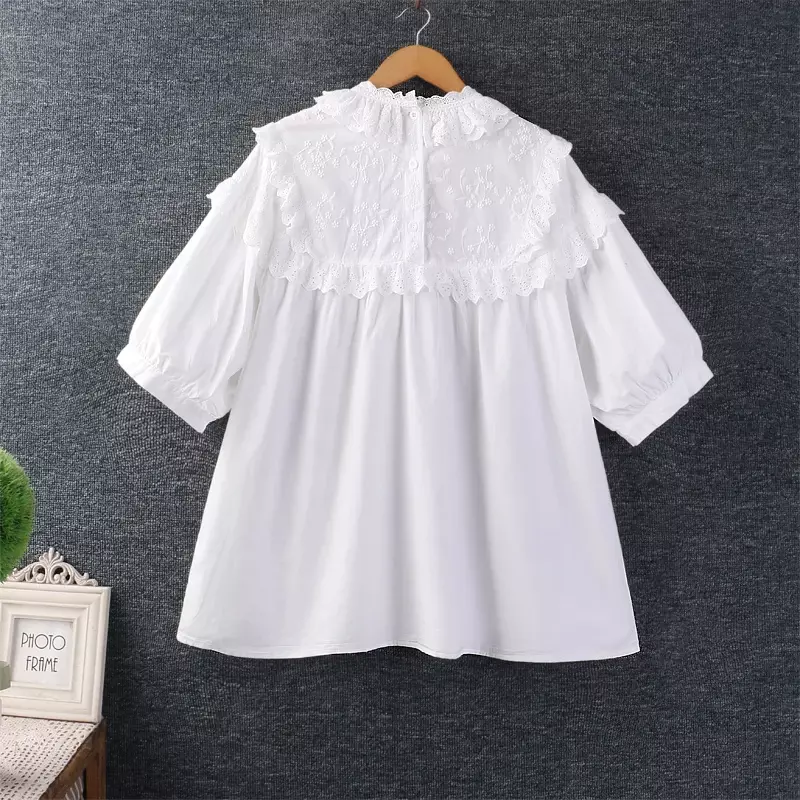Camisa bordada floral de renda doce para mulheres, blusa de algodão solta, tops de manga curta, estilo kawaii, verão, menina mori