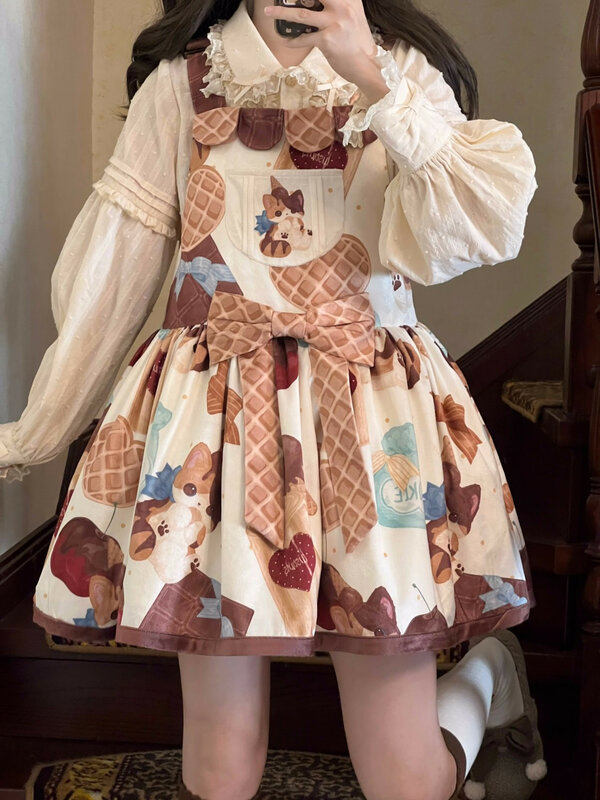Słodka Lolita Jsk sukienka Sling muffinowa nadruk kota sukienka Lolita wysokiej paskiem wokół talii sukienka śliczna miękka dziewczyna
