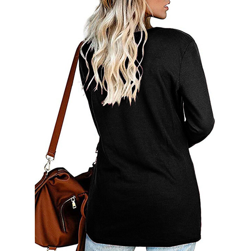 Autumn and Winter New Women's Waffle V-Neck Kink Long Sleeve T-shirt Top Shirt Fashion Casual Loose Lady Tops Female