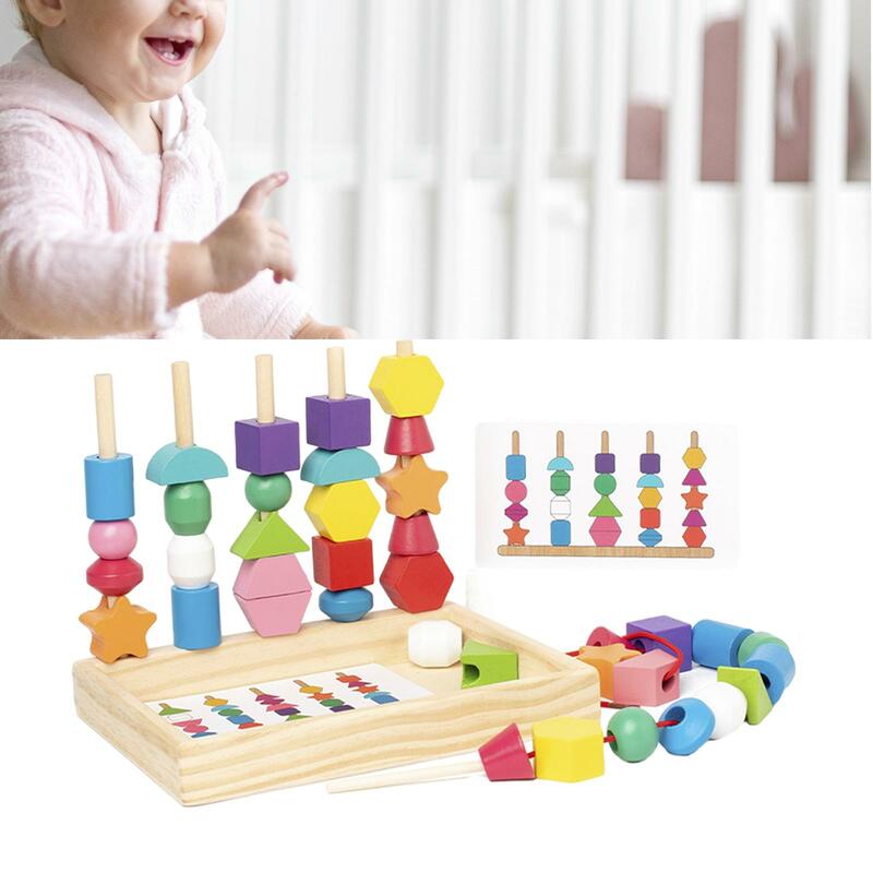 Mainan sekuens manik-manik kayu, mengikat manik-manik dan blok susun, pendidikan dini penyusun bentuk yang cocok untuk anak-anak