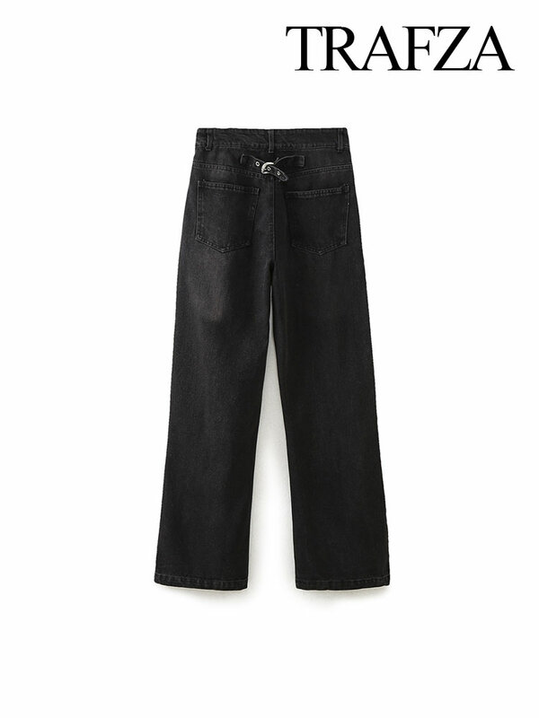 TRAFZA celana panjang lurus Vintage wanita, Jeans kasual tali logam saku Denim Musim Semi 2024 kaki lebar pinggang tinggi