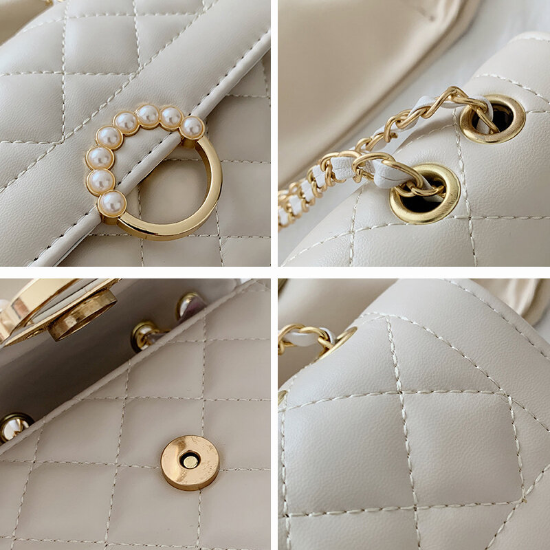 Bolso con solapa en relieve para mujer, Mini bolso de mano con cadena de perlas, cruzado, de hombro, color blanco y negro, 2 tamaños