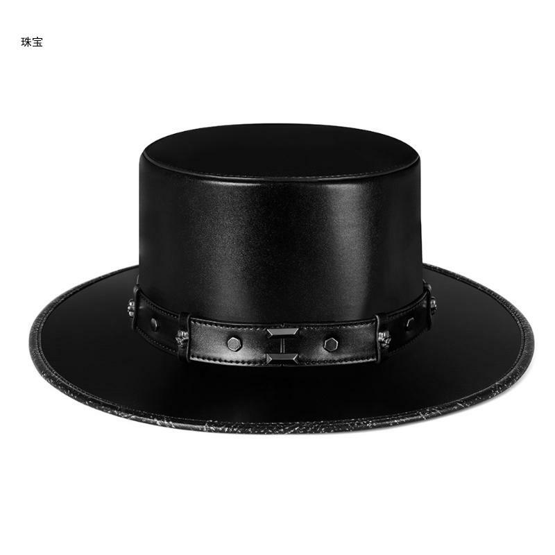 X5QE Steampunk 전염병 의사 모자 PU 가죽 블랙 플랫 탑 모자 할로윈 코스프레 의상 소품