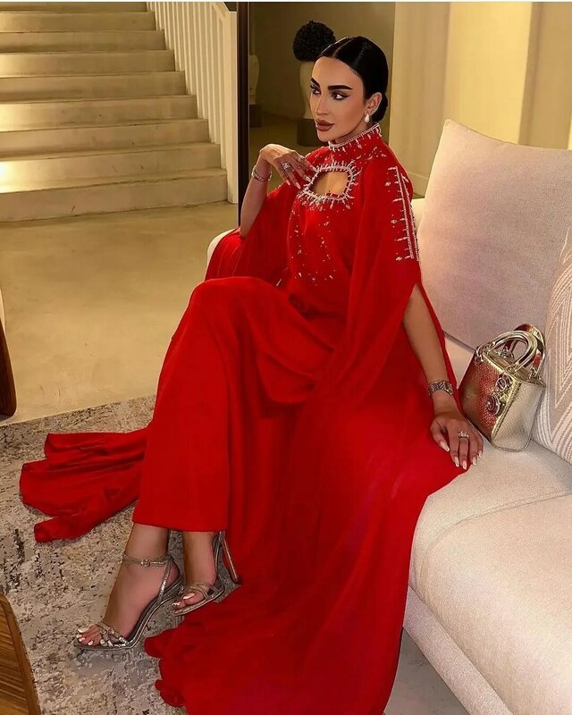 Saudi Arabia Dubai Long Sleeves Prom Dresses High Neck Sequins Beadings Evening Dresses Back Zipper Ankle Length Party Dresses