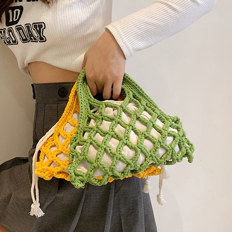 女性のための手作りの中空織りバッグ,手編みのビーチバッグ,ボヘミアンメッシュのミニニット,ポケット,漁網,2024