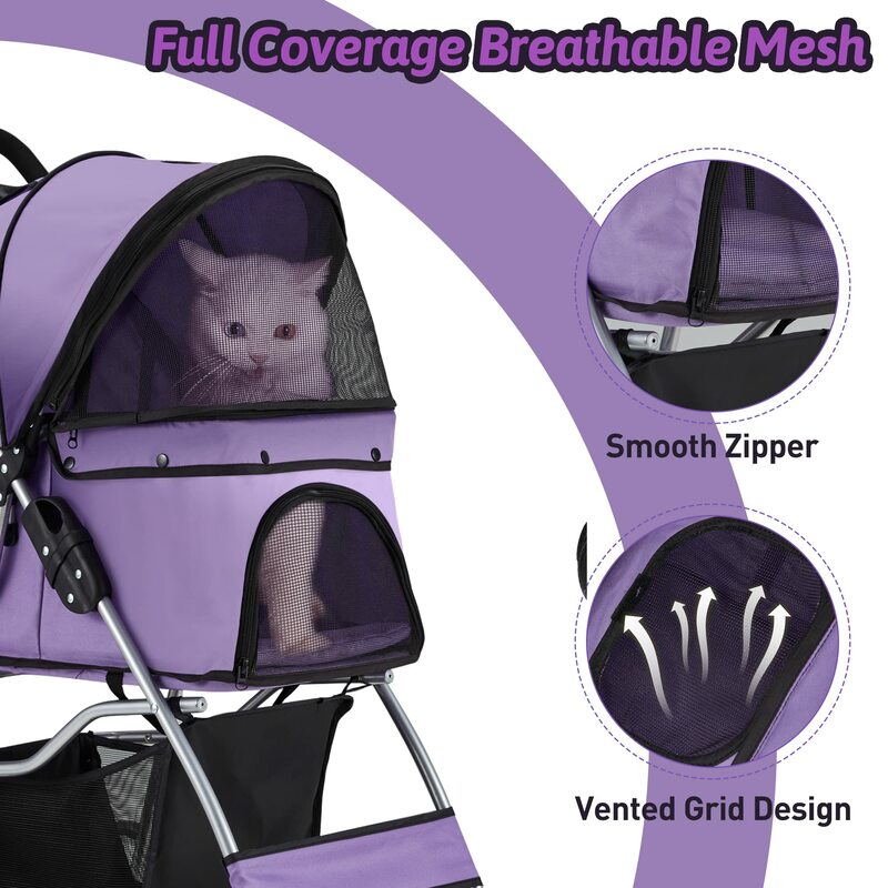 Фиолетовая 4-х колесная Складная коляска для собак и кошек средних/маленьких домашних животных, прогулочная коляска