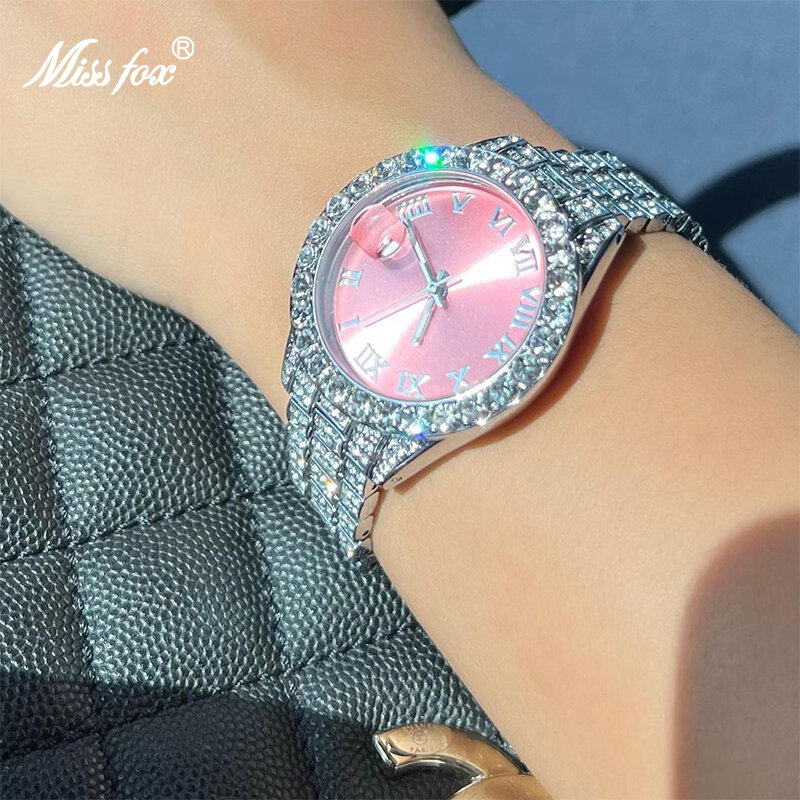 Missfox rosa relógio feminino luxo pequeno rosto elegante relógios de quartzo para senhoras gelo olhar festa jóias mini babe tão bonito braço relógio