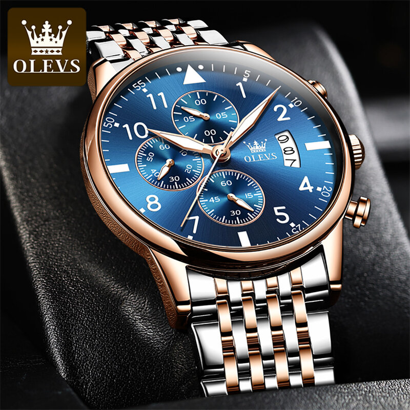 OLEVS Fashion Multifunctional Pilot Quartz Watch for Men Full Steel Waterproof Luminous Hands Date Sport Chronograph Wristwatch