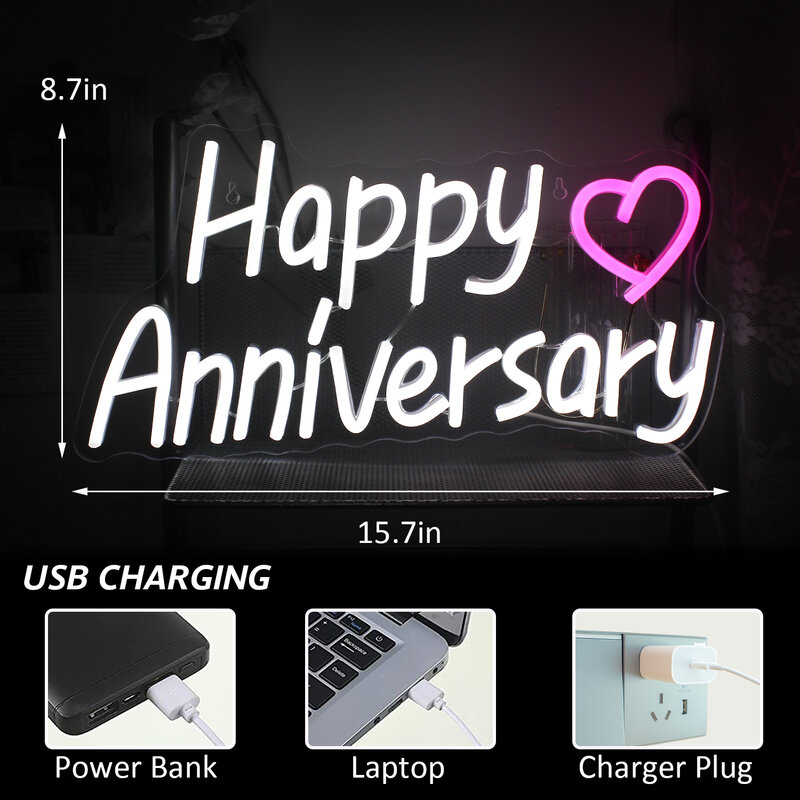 Happy Anniversary Neon Signs For Wall Decor Aesthetic USB Wedding Mariage Festival Party Decoration Hanging Light Up Art Lmap