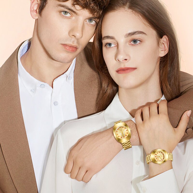Montres de couple dorées pour hommes et femmes, montre à quartz pour femme, montre-bracelet étanche de luxe, horloge décontractée pour homme