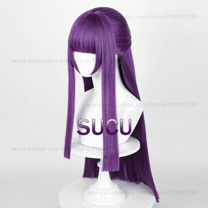 Anime Fern Cosplay Perruque avec Bonnet, Cheveux Lisses Violets, Perruques Synthétiques Halloween Heat Degré, 80cm
